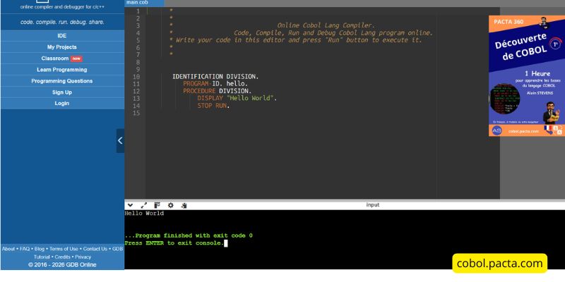 Interface OnlineGDB avec éditeur et terminal