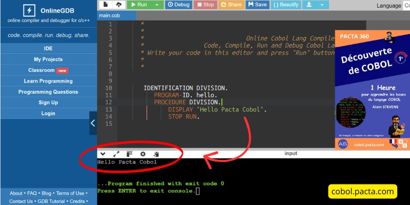 Code cobol exécuté avec succès dans OnlineGDB