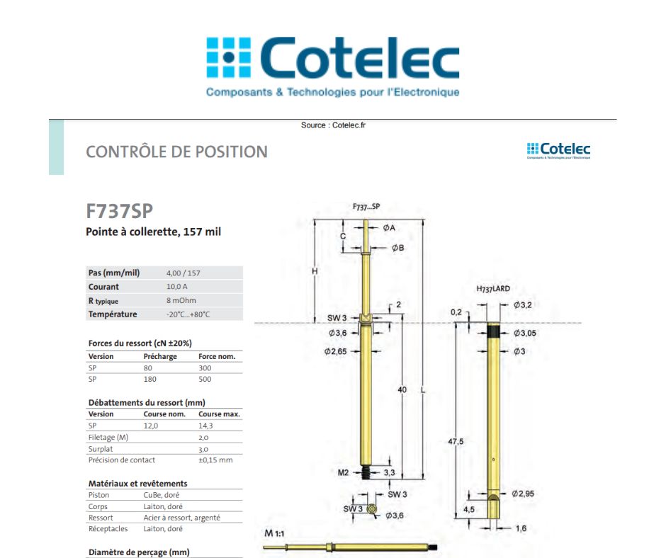 F737SP Pointe à collerette 157 mil - pointes de test Feinmetall
