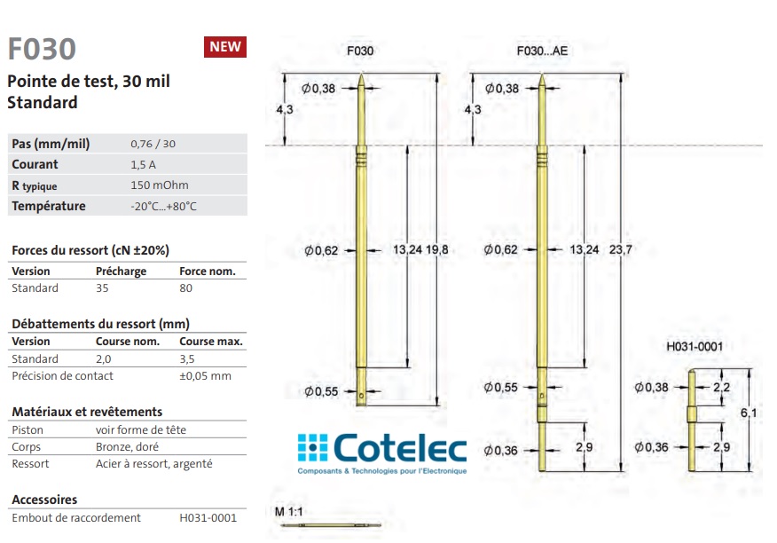 F030 - Pointes de test ICT/FCT Feinmetall Pointe de test, 30 mil Standard