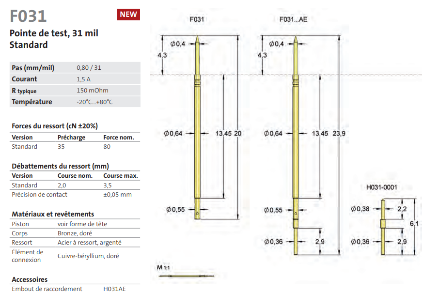 F031 - Pointes de test ICT/FCT Feinmetall Pointe de test, 31 mil Standard