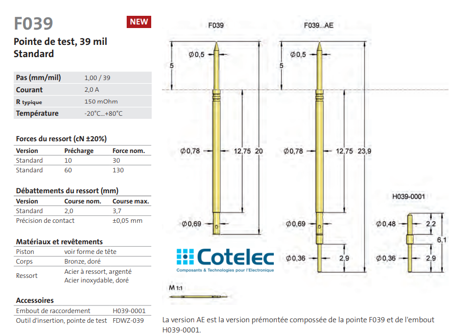 F039 - Pointes de test ICT/FCT Feinmetall Pointe de test, 39 mil Standard