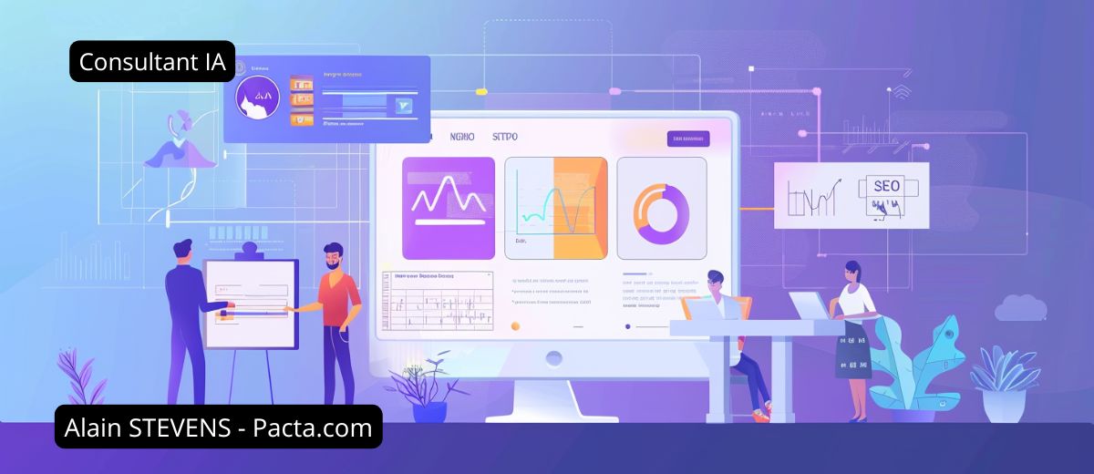 Tableau stratégique affichant des indicateurs SEO, une analyse concurrentielle et des outils de gestion de la réputation en ligne.