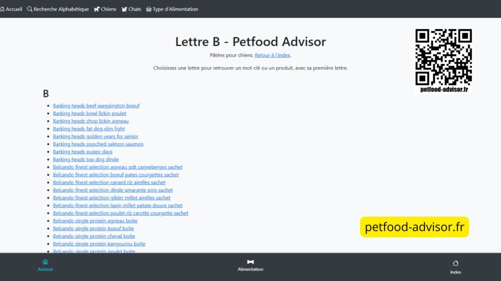 Application Petfood Advisor Classement par lettre
