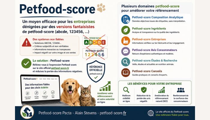 Présentation du concept Petfood-score Pacta et de ses outils d'information nutritionnelle.